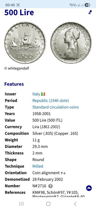 Vand cutie cu 50 monede argint 500lire 1960