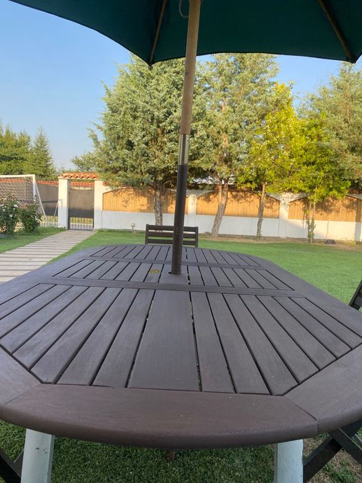 Градинска маса със столове и чадър