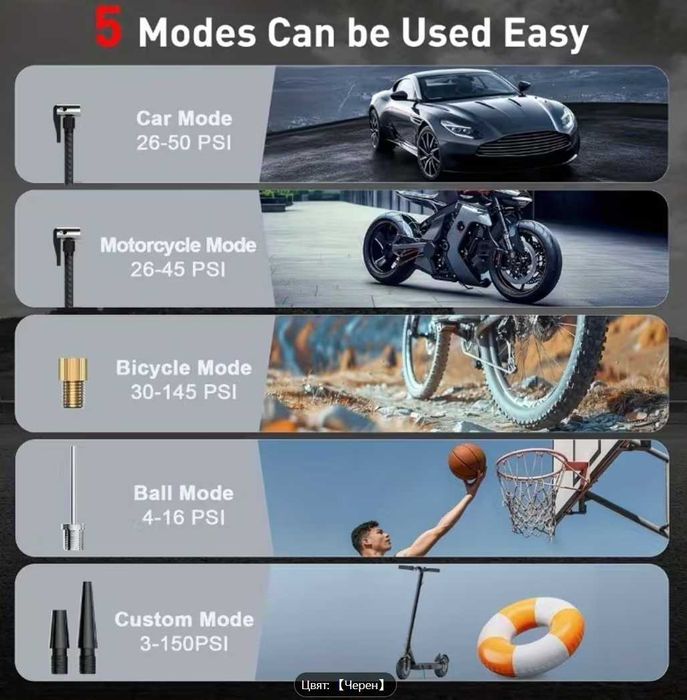 Преносим въздушен компресор за гуми, 150 PSI помпа за автомобилни гуми, мотоциклети, велосипеди