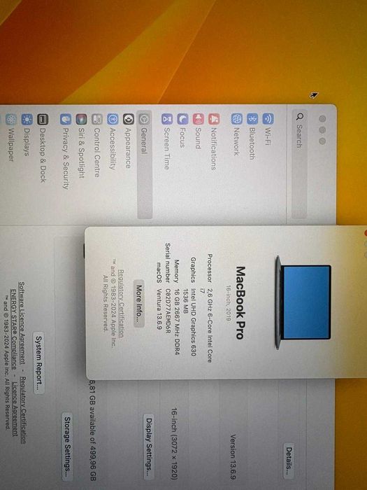 MacBook Pro 16” (2019)–i7 2.6 GHz, 16GB RAM, SSD 512GB, AMD Radeon Pro