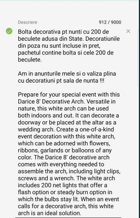 Bolta decorativa pt nunti cu 200 de beculete, adusa din SUA