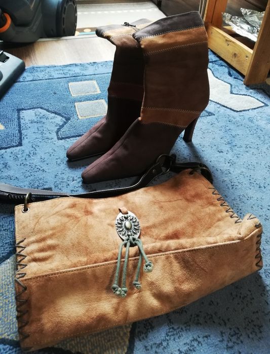 Botine piele întoarsă, maro, comode + gentuță asortată