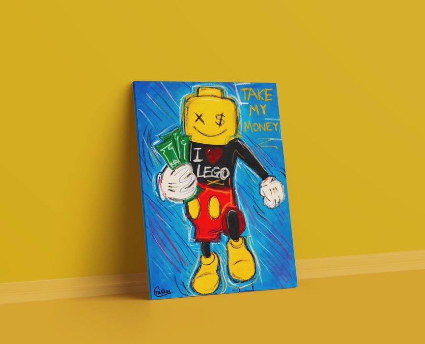 Tablou original inspirat de Mickey Mouse si LEGO, pictat manual cu acrilice pe canvas 47x65 cm