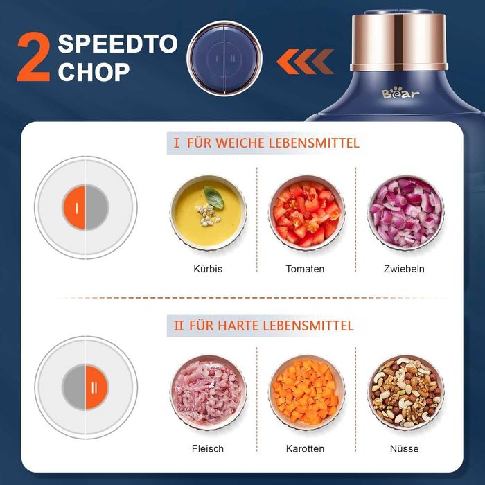 Стъклен чопър кухненски робот Bear 0.6L + 2L, 2 нива на скорост