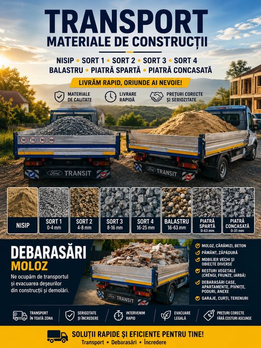 Transport moloz,piatra, debarasari, nisip,sort, marfa , mobilă,