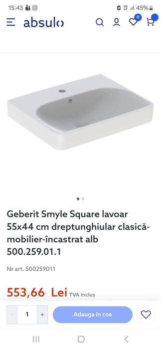 Vand lavoar Geberit Smyle Square 55 x 44 cm