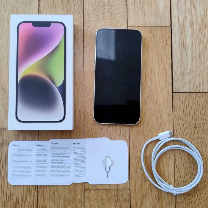 Apple iPhone 14, 128GB, Starlight, като нов + 12 бр. кейсове + 5 бр. протектори за екран