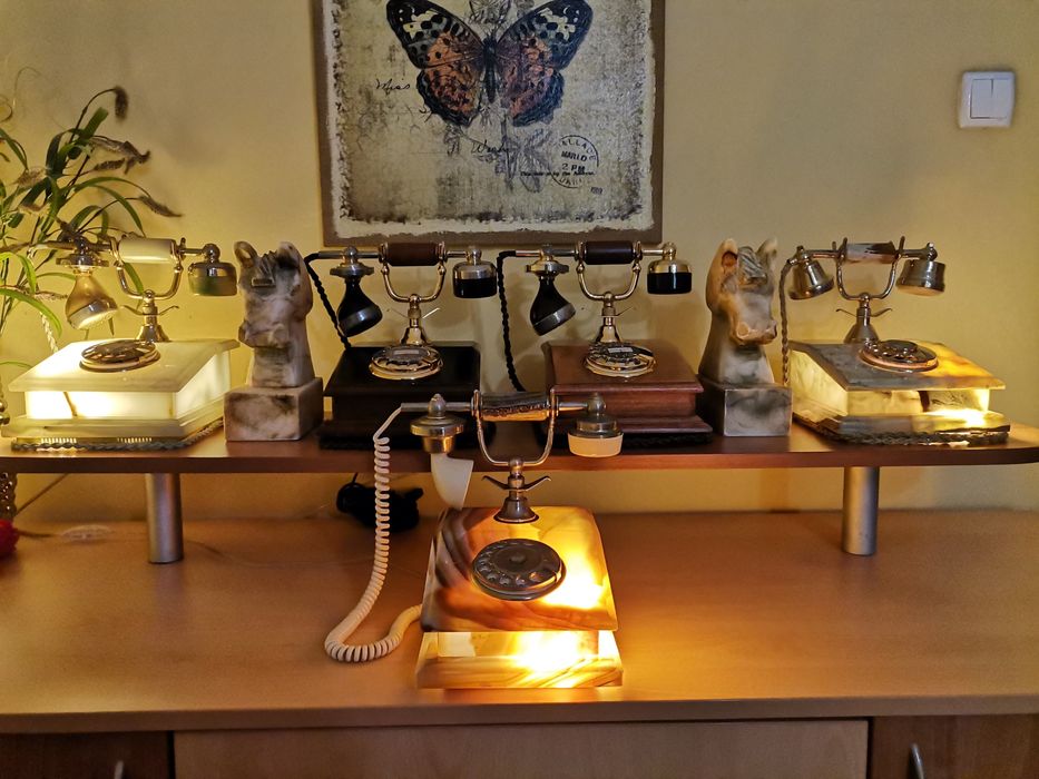 Нощна лампа Старинен ретро домашен телефон от бронз, мрамор и дърво