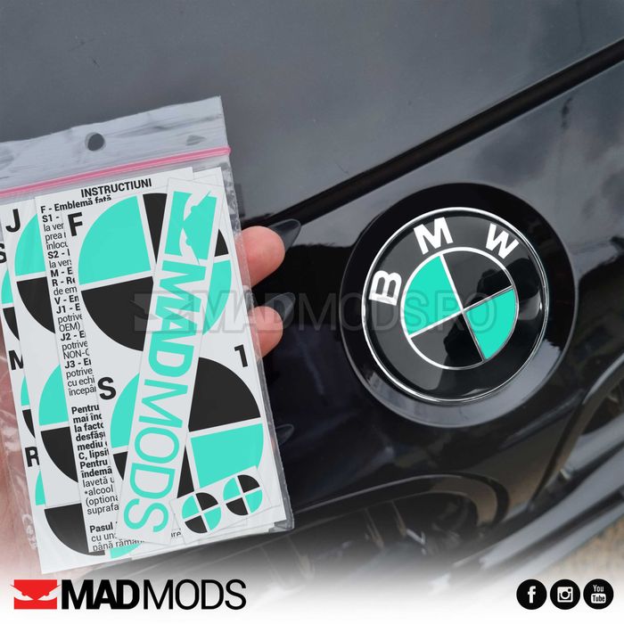 Set Stickere Embleme Negru cu Turcoaz BMW Seria 1 2 3 4 5 6 7 8 X i M