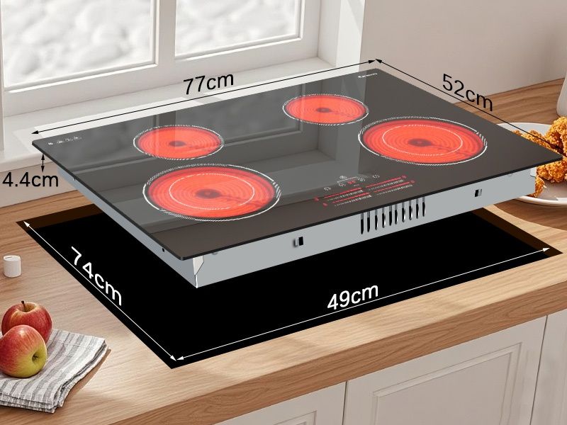Стъклокерамичен плот за вграждане 77см, 7100W, 4 зони (2 двойни), температурен слайдер, стоманена рамка, Karienvir