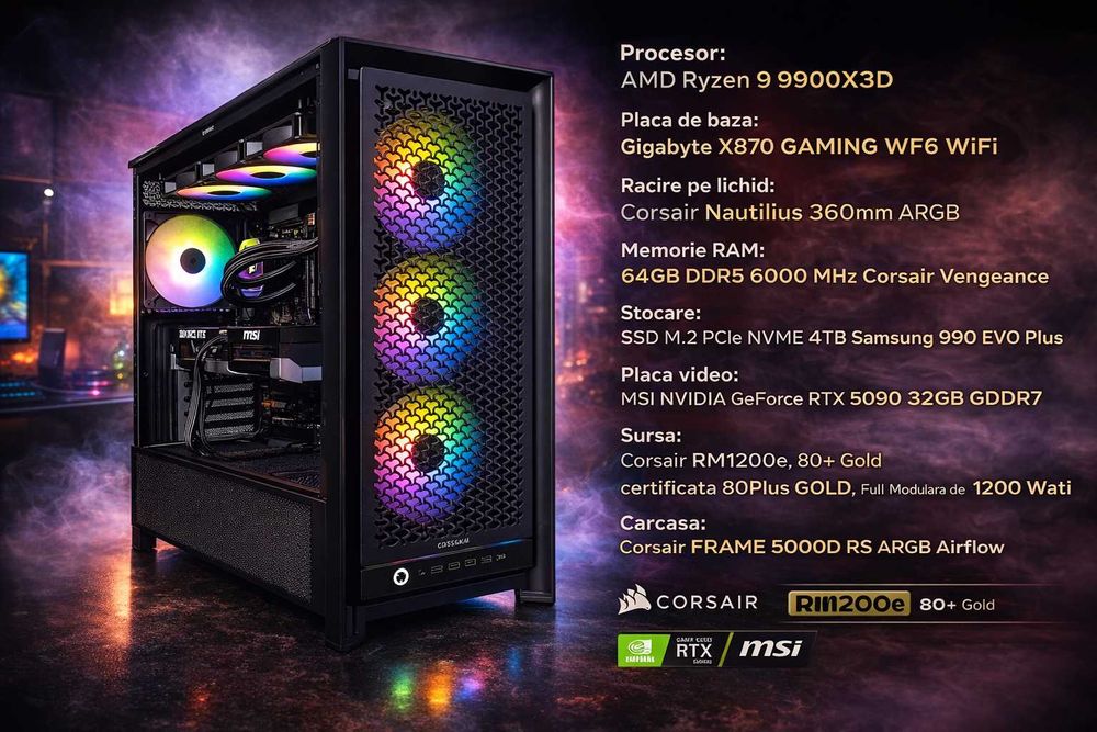 Sistem Gaming RTX 5090 + Ryzen 9 9900X3D 64GB DDR5 4TB Garantie 2 ani