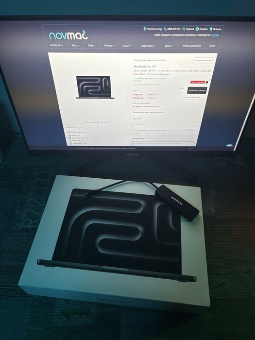 MacBook Pro 14 M4 Pro 24GB 512GB Space Black – Чисто Нов – Гаранция от януари + Подарък AXAGON Hub — миниатюра 2