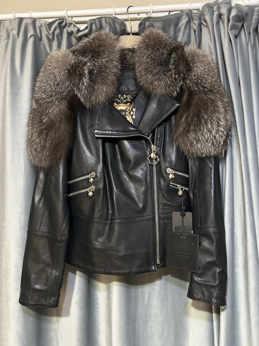 Geacă piele Philipp Plein Homme (Limited Edition) cu guler din blană naturală – Nouă cu etichetă