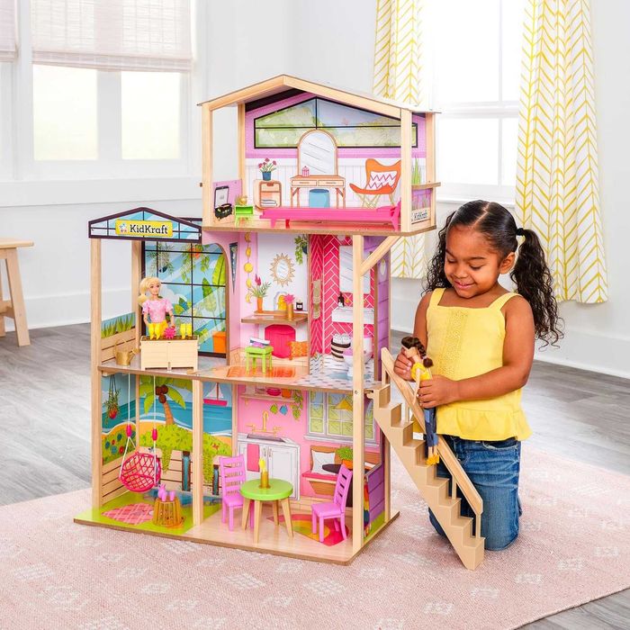 Дървена къща за кукли с аксесоари и мебели 3 етажа 104см