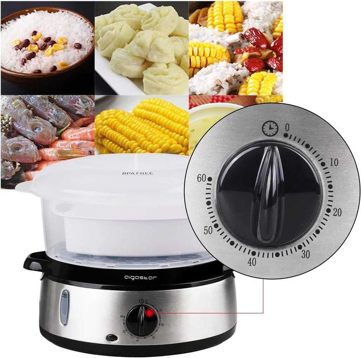 Aigostar steamer cu timer, 9L, 3 nivele, 800W, inox, argintiu-negru