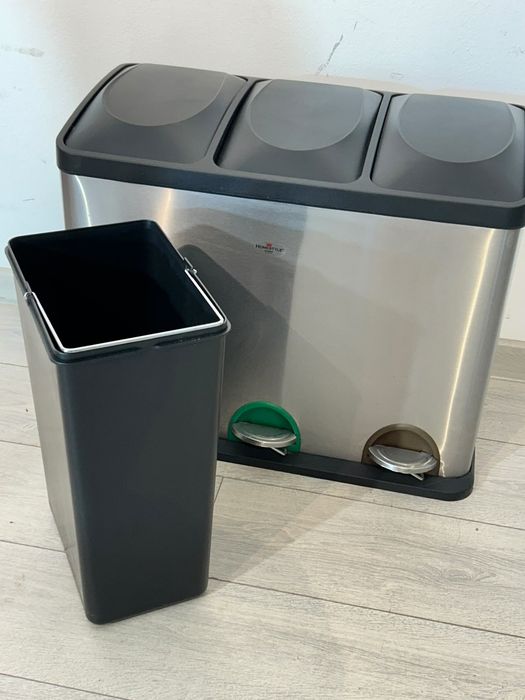 2 Buc. Coș de Gunoi din Inox, cu 3 Compartimente Colectare Selectivă