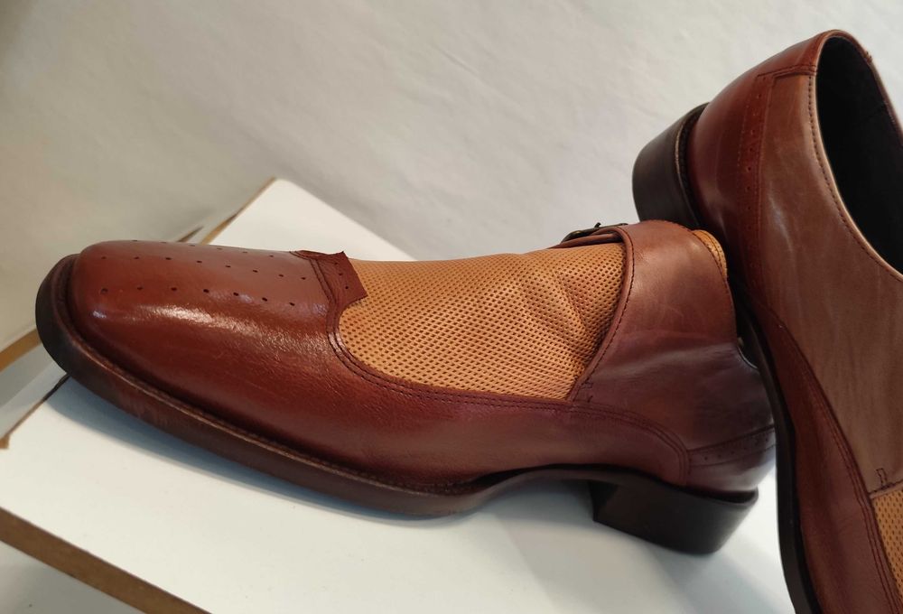 Pantofi monk de lux 44.5 45 lucrati manual Mezlan NOI piele naturala moale maro camel