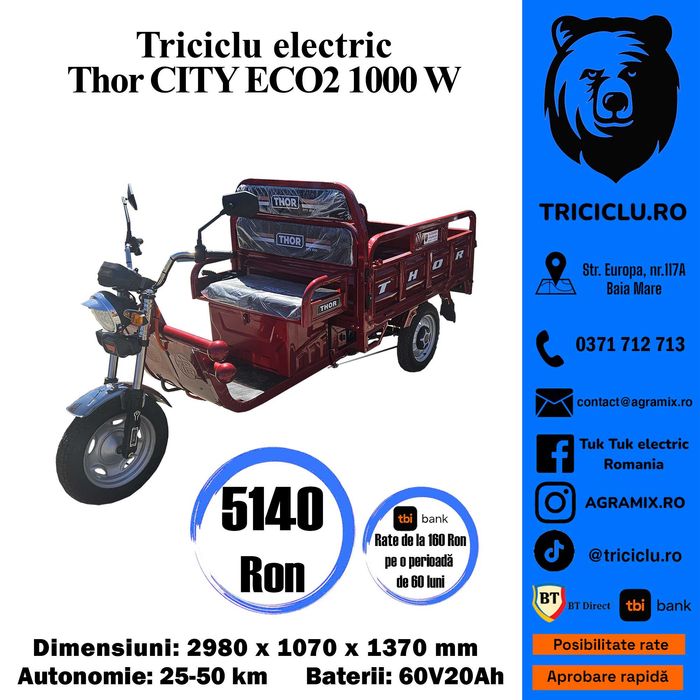 Triciclu electric Thor CityECO2 cu 2 locuri Agramix