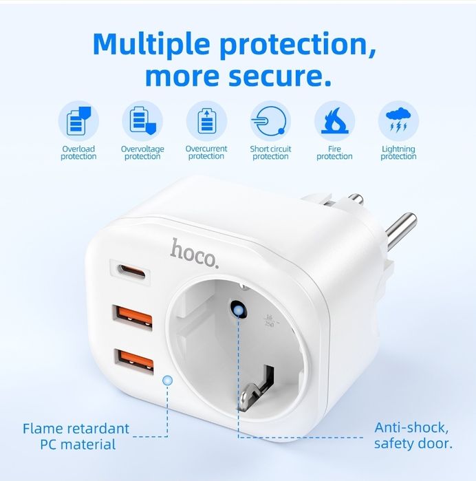 Hoco NS3 Сетевой фильтр EU мощности 4000W/ PD20W QC3.0+18W