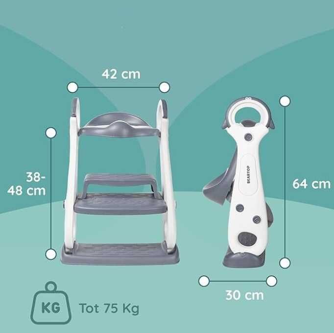 Scaun toaletă copii BEARTOP cu scări, alb-gri, 75kg, urme uzură