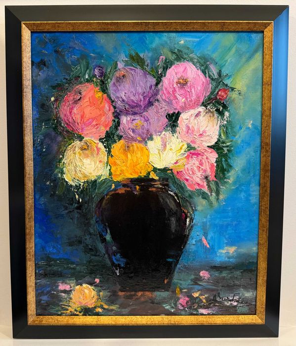 Pictura noua, tablou superb -Bujori in vas negru-ulei,pensula si cutit