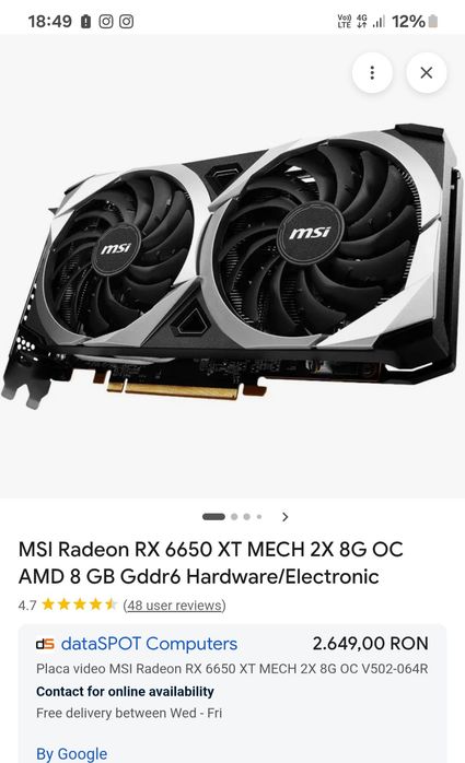 Placa Video AMD Rx 6650 XT similar cu rx 6700