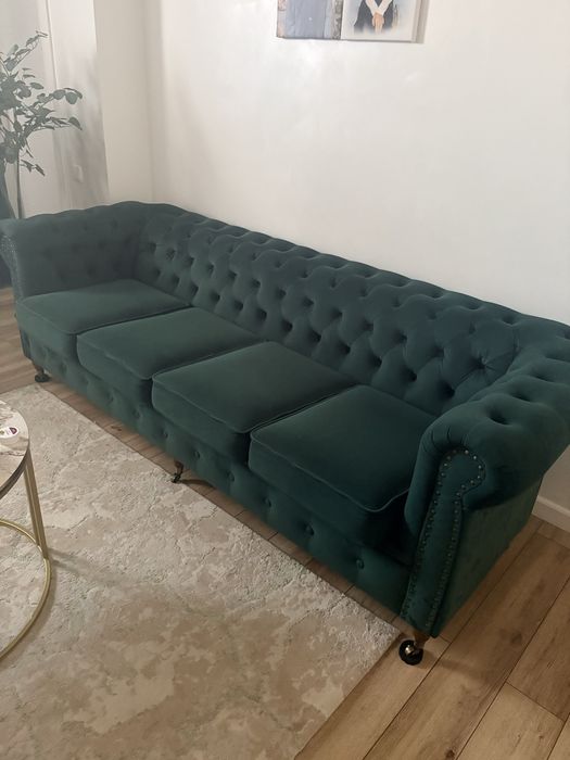 Vand Canapea Chesterfield verde smarald – catifea premium – 2,40 m