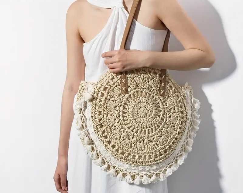 Новa чанта в бохо стил, boho чанта, плетена чанта, бежова кръгла чанта