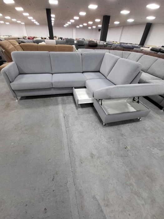 ПРОМОЦИЯ! Светло сив ъглов диван от плат с ракла и чекмеджe "LIRIO-S"