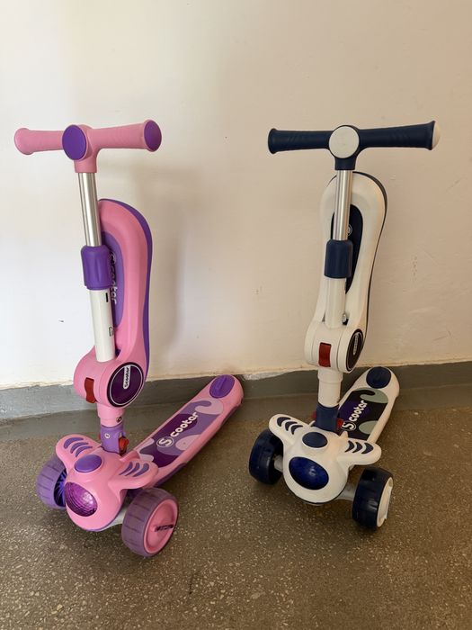Trotineta copii 2 in 1 Scooter, pliabila, cu sunete si 3 roti cu lumini, roz sau albastru