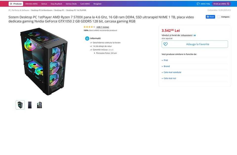 AMD Ryzen 7 5700X pana la 4.6 Ghz, 16 GB ram DDR4-VIDEO 2 SAU 4 GB