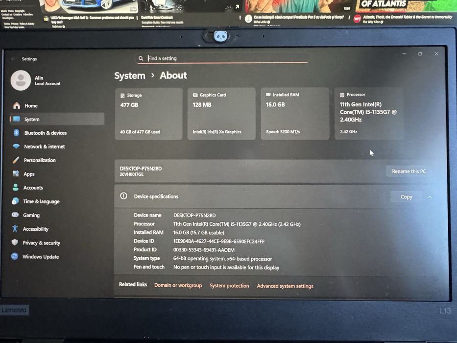Laptop Lenovo Thinkpad L13 gen 2 i5 11th gen 16Gb DDR4 512gb SSD m.2