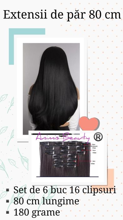 Extensii de par NEGRE 80 cm, 16 clipsuri sau tresa cu 5 clipsuri, NOI