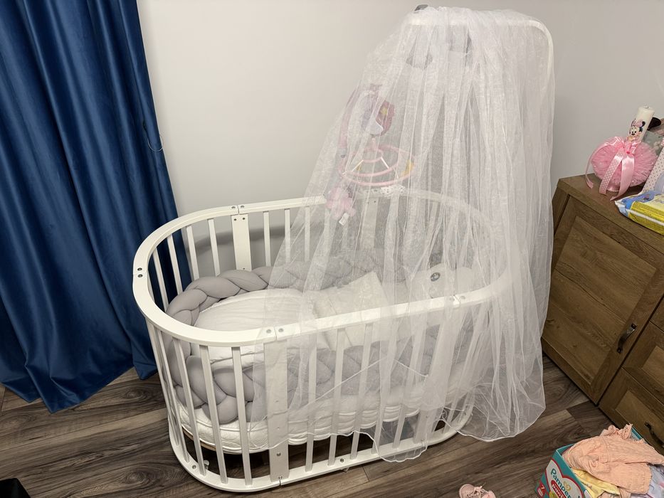 Patut lemn Fairytale Mobexpert cu saltea bambus si baldachin incluse