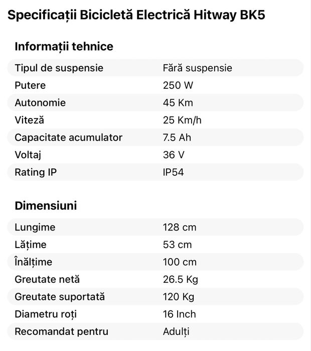 Bicicletă Electrică Hitway BK5, Putere 250W, Autonomie 45Km, Viteză 25Km/h, Negru