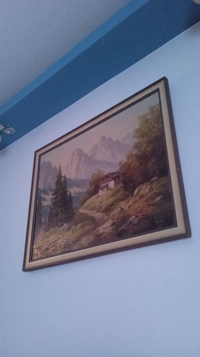 Cabana la munte 1975, Tablou superb, semnat, pictat in ulei pe panza