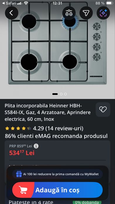 Plită pe gaz încorporabilă ,din inox , HEINNER  in garanție