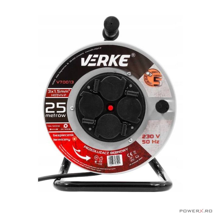 Rola prelungitor cablu cu cadru metalic, 25 metri 3 x 1,5 mm Verke
