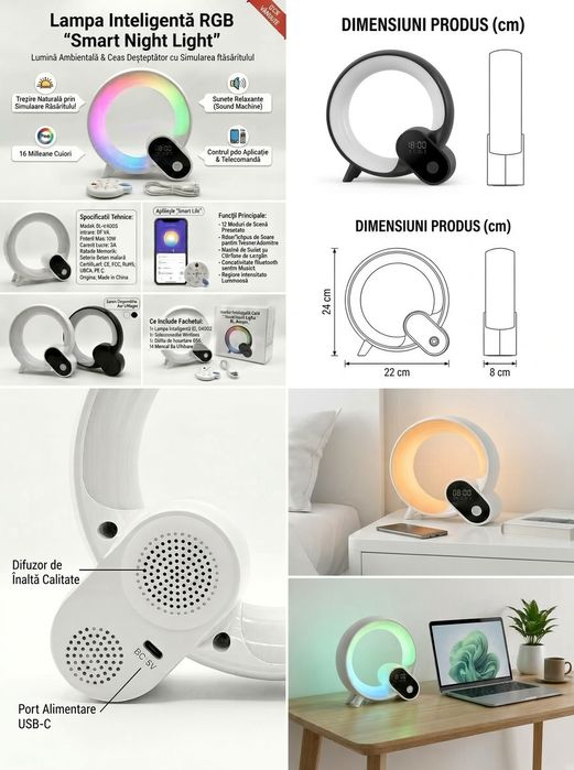 Lampă Inteligentă RGB 4-în-1 | Ceas, Alarmă Răsărit, Sunete Relaxante | Control Telefon (Nouă)