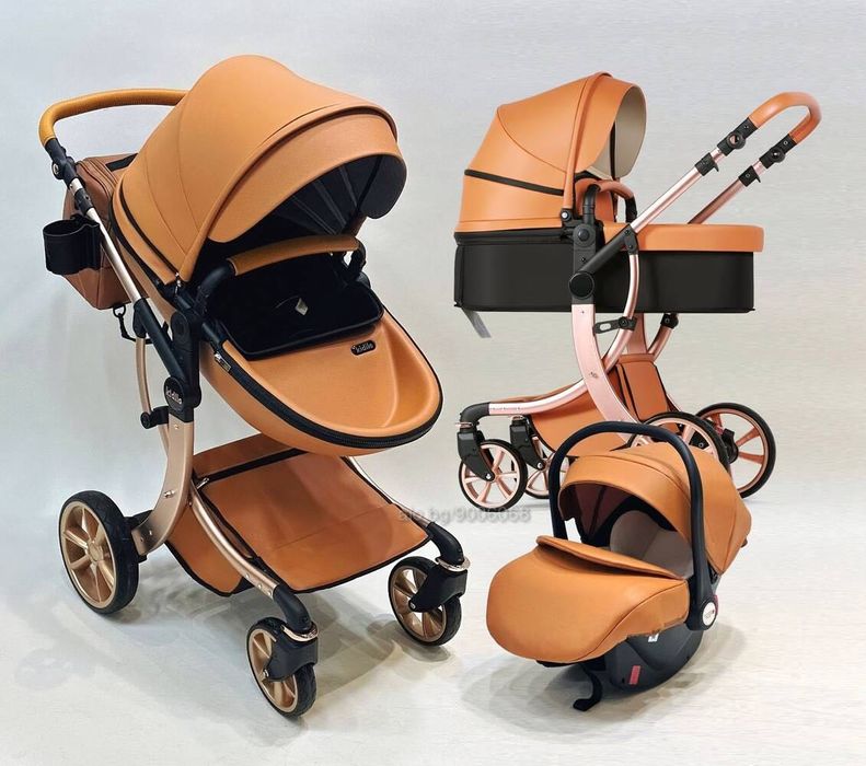 Луксозна кожена бебешка количка 3 в 1