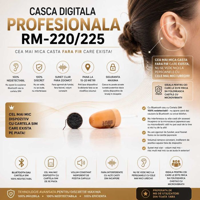 RM-220/225: Casca de copiat Digitala 4.8mm - NeBruiabila | Fara Interferente | Casti pentru copiat Profesionale