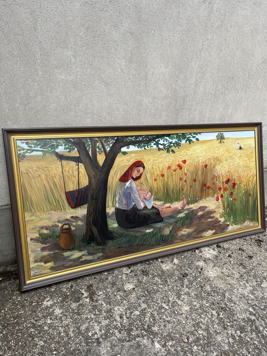 Голяма авторска картина 230 см – Майка с дете и житно поле с макове