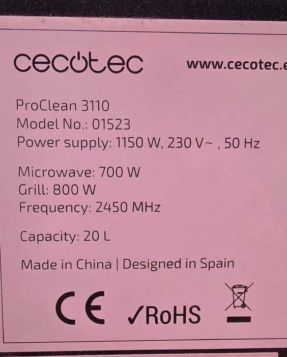 Микровълнова Cecotec ProClean 3110 20L