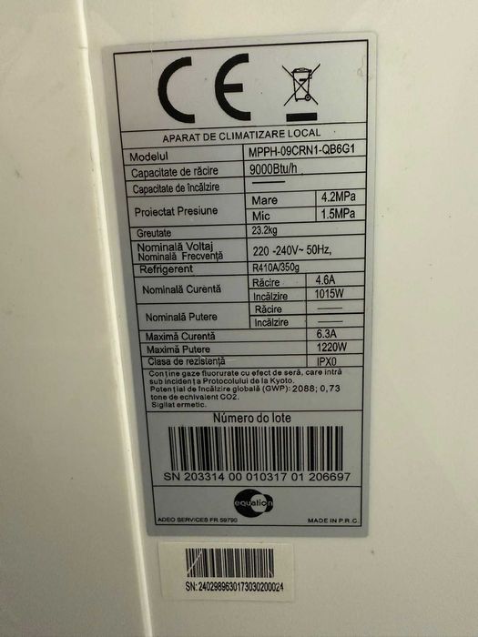 Aer Conditionat Portabil Equation; Detalii putere in foto