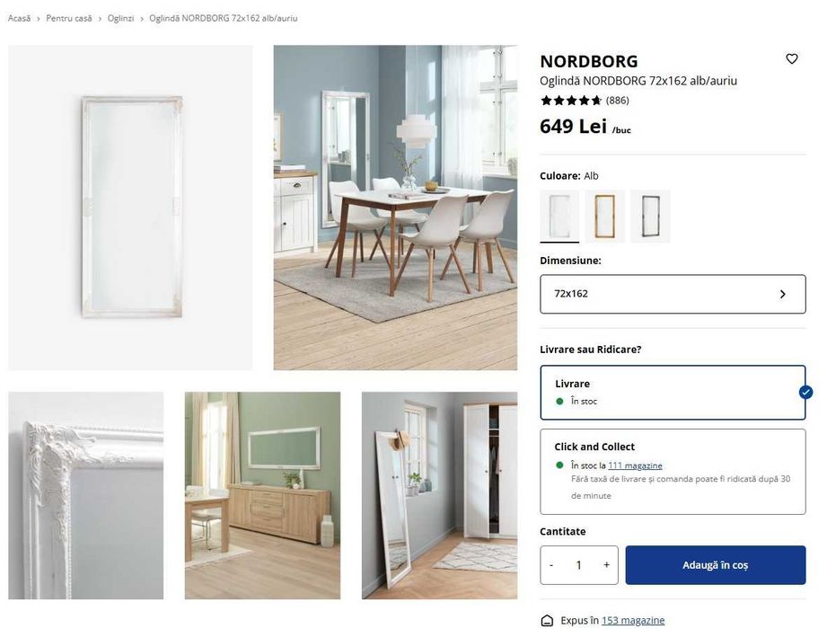 Oglindă foarte mare Nordborg 72x162 alb/auriu