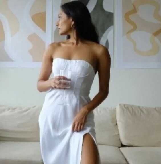 zara rochie corset satin alb XS noua lunga midi pietre cupe fara brete