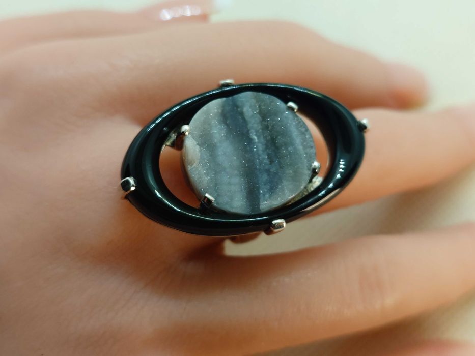 Inel statement din argint cu onix și jasp „stardust” – mărime 55