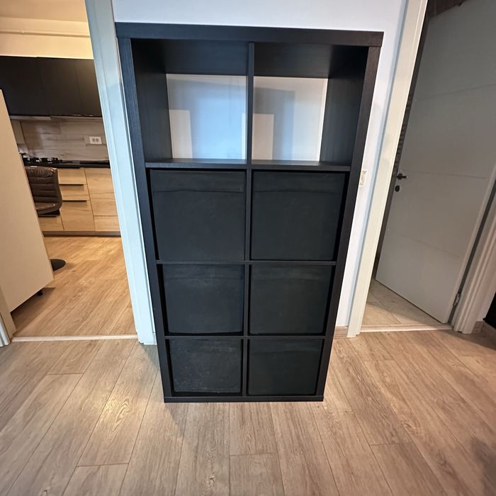 IKEA KALLAX negru-maro – etajeră 8 compartimente + 6 cutii
