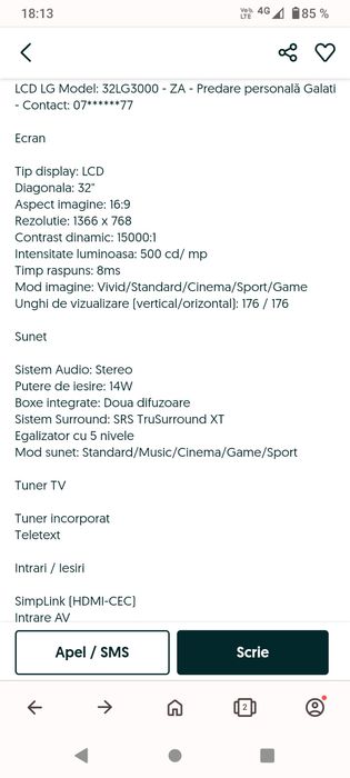 Tv lcd LG  32LH3000 81 cm