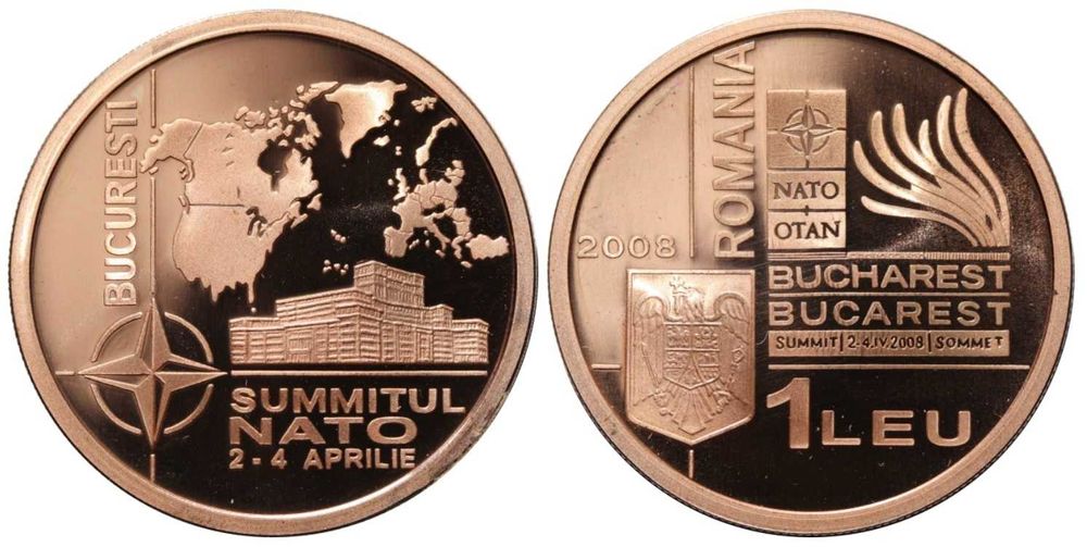 Moneda BNR 1 leu tombac Summitul NATO gradata NGC PF 69 UC